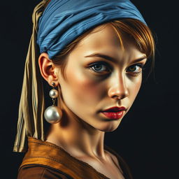 A modern, edgy twist on the classic painting 'Girl with a Pearl Earring', featuring a young woman with a distinctive, rebellious appearance