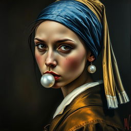 A modern, edgy twist on the classic painting 'Girl with a Pearl Earring', featuring a young woman with a distinctive, rebellious appearance