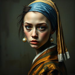 A modern, edgy twist on the classic painting 'Girl with a Pearl Earring', featuring a young woman with a distinctive, rebellious appearance