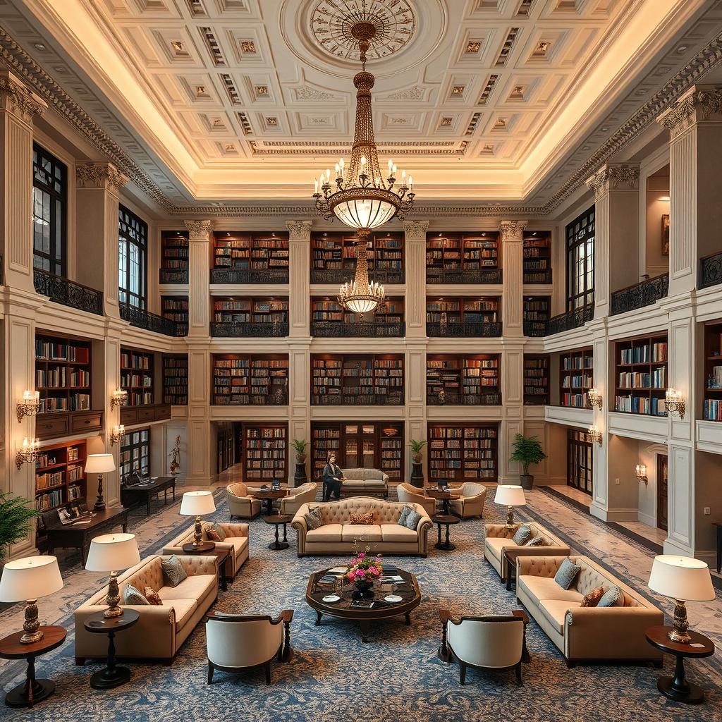 A grand lobby designed with classicist architecture, abundant with plush couches and elegant furnishings