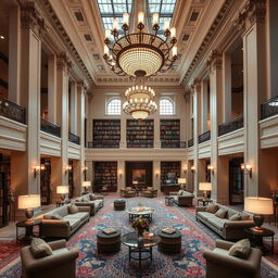 A grand lobby designed with classicist architecture, abundant with plush couches and elegant furnishings