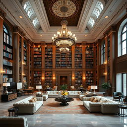 A grand lobby designed with classicist architecture, abundant with plush couches and elegant furnishings