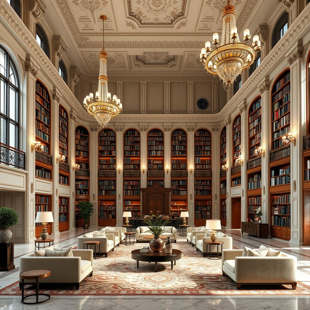 A grand lobby designed with classicist architecture, abundant with plush couches and elegant furnishings