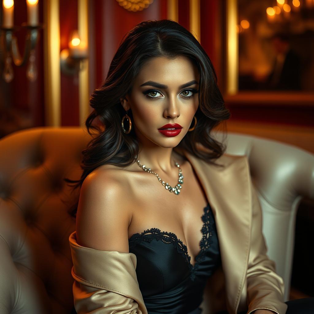 A glamorous, artistic portrayal of elegance and allure featuring a model in sophisticated attire