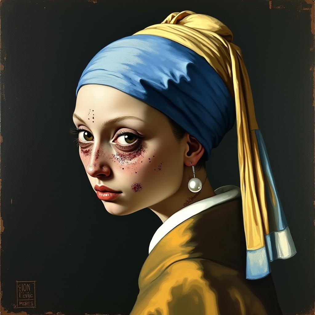 A modern reinterpretation of the classic "Girl with the Pearl Earring" painting, portraying the subject as an emaciated person with signs of drug addiction