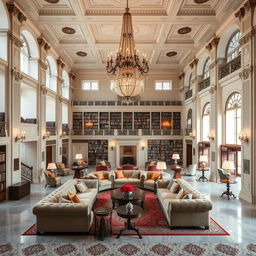 A grand lobby designed with classicist architecture, featuring numerous plush couches and elegant furnishings, creating an inviting and cozy environment