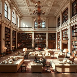 A grand lobby designed with classicist architecture, featuring numerous plush couches and elegant furnishings, creating an inviting and cozy environment