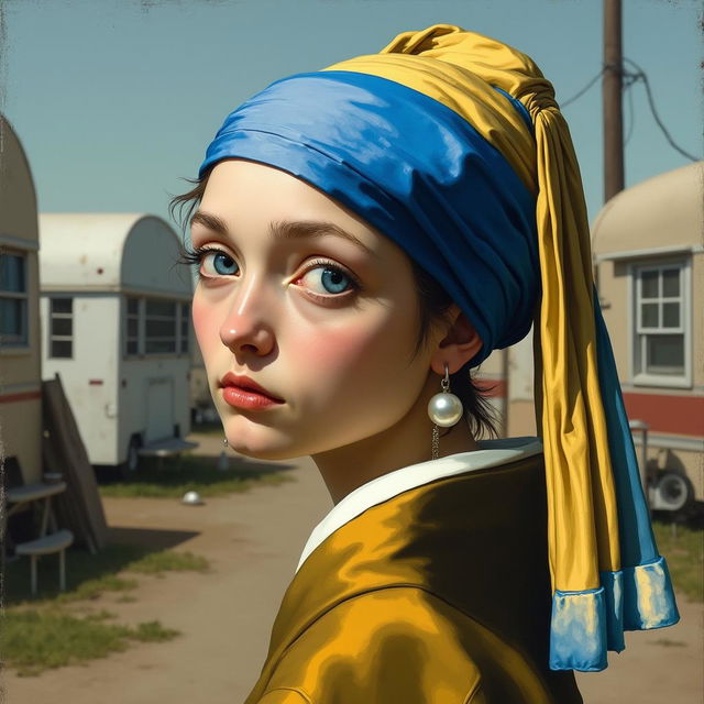 A unique depiction of a trailer park girl inspired by Vermeer's 'Girl with a Pearl Earring'