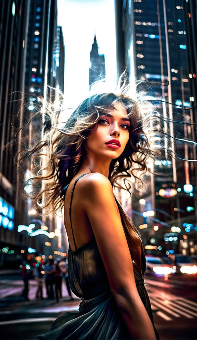 High-resolution 34K professional photograph of an extraordinarily beautiful woman in motion against a detailed cityscape backdrop under beautiful lighting.