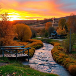 A picturesque rural landscape in autumn, featuring a serene river meandering through golden-hued trees with leaves gently falling