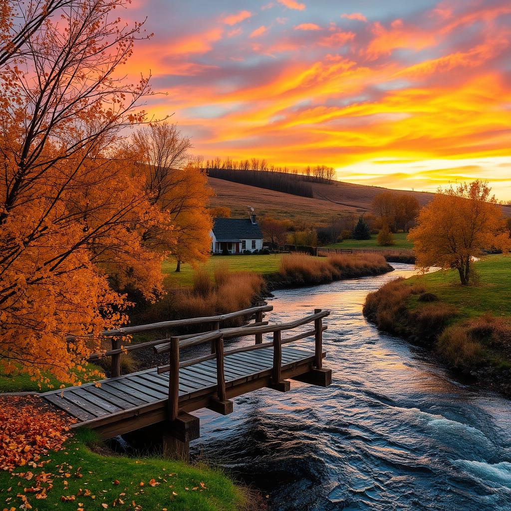 A picturesque rural landscape in autumn, featuring a serene river meandering through golden-hued trees with leaves gently falling