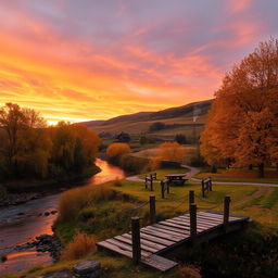 A picturesque rural landscape in autumn, featuring a serene river meandering through golden-hued trees with leaves gently falling