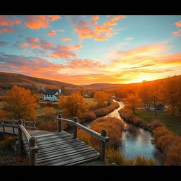 A picturesque rural landscape in autumn, featuring a serene river meandering through golden-hued trees with leaves gently falling