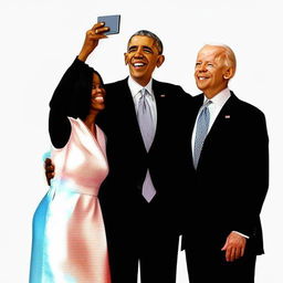 An animated selfie capturing a joyful moment with Barack Obama and Joe Biden, set in a nondescript, neutral backdrop