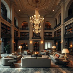 A grand lobby designed with classicist architecture, featuring numerous plush couches and elegant furnishings, creating a cozy and intimate environment