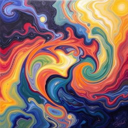 an abstract painting featuring swirling patterns and vibrant colors, evoking a sense of fluid movement and harmony