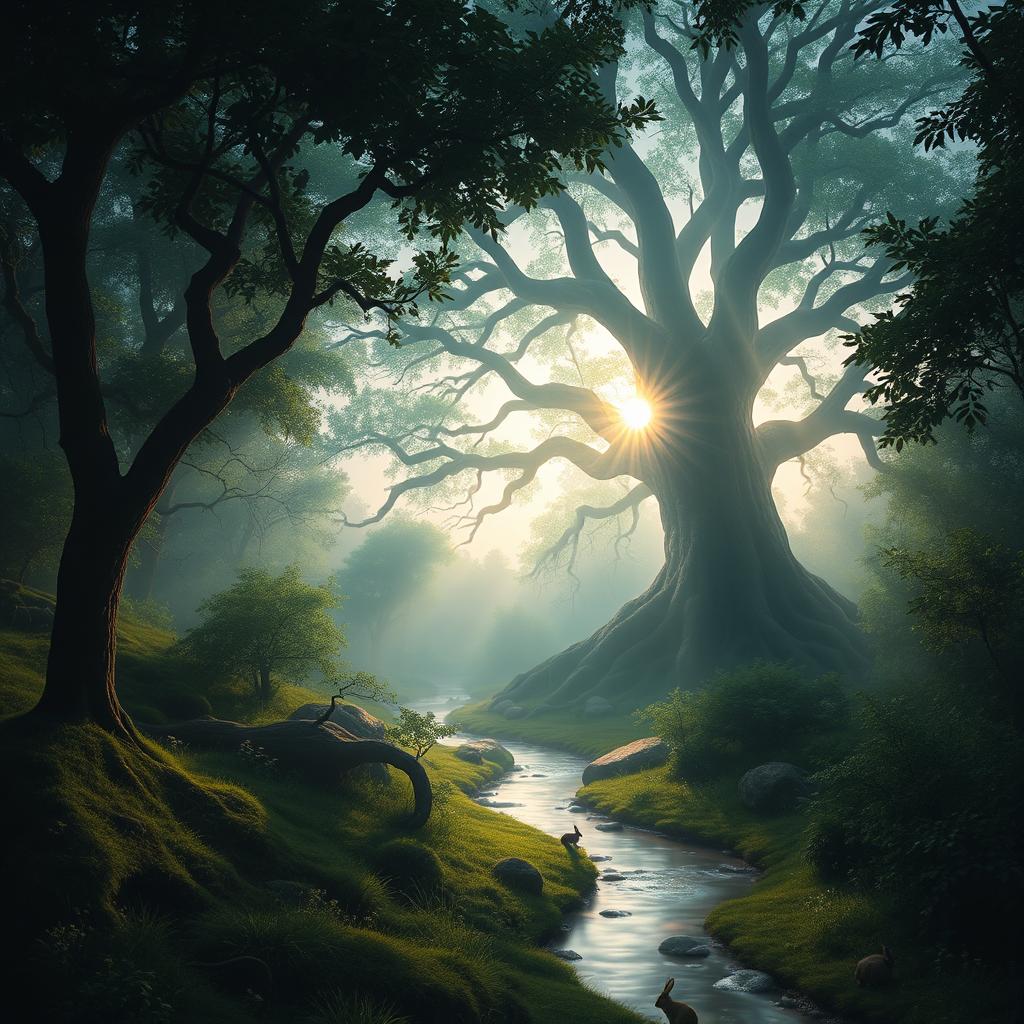 Ethereal forest landscape with gentle sunlight filtering through the trees, creating a soft, mystical glow