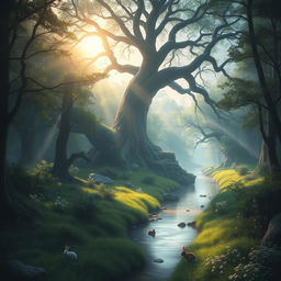 Ethereal forest landscape with gentle sunlight filtering through the trees, creating a soft, mystical glow