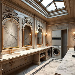 A set of service amenities crafted in classicist architecture, including opulent marble restrooms adorned with intricate detailing, exuding luxury and refinement