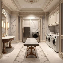 A set of service amenities crafted in classicist architecture, including opulent marble restrooms adorned with intricate detailing, exuding luxury and refinement