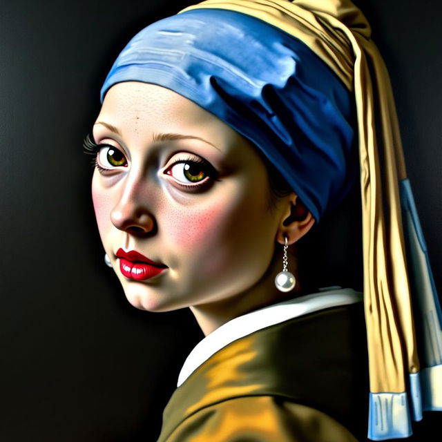 A reinterpretation of Johannes Vermeer’s "Girl with a Pearl Earring" with a twist: the girl is portrayed with exaggerated, surreal features symbolizing the consequences of inbreeding