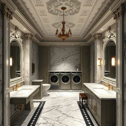 A set of service amenities crafted in classicist architecture, including opulent marble restrooms adorned with intricate detailing, exuding luxury and refinement