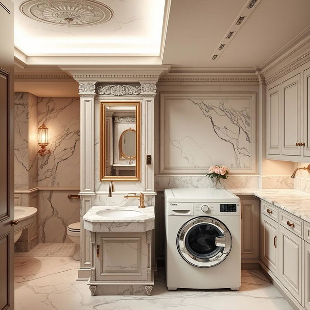 A set of service amenities crafted in classicist architecture, including opulent marble restrooms adorned with intricate detailing, exuding luxury and refinement