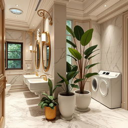 Service amenities designed in classicist architecture, featuring opulent marble restrooms with elegant detailing and luxurious finishes