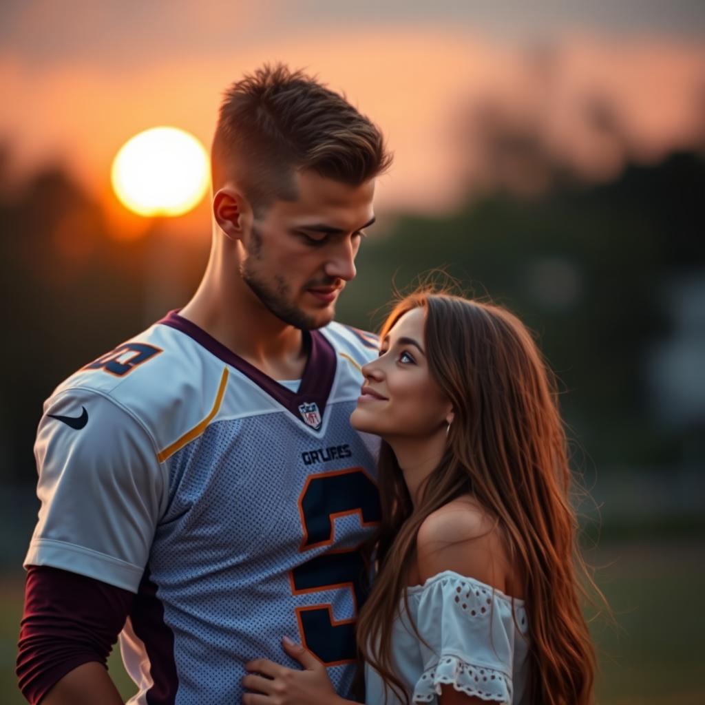 A romantic scene featuring a tall, athletic football star standing in front of a beautiful girl with long brown hair, who is shorter than him