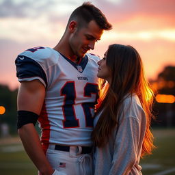 A romantic scene featuring a tall, athletic football star standing in front of a beautiful girl with long brown hair, who is shorter than him