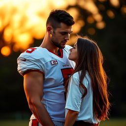 A romantic scene featuring a tall, athletic football star standing in front of a beautiful girl with long brown hair, who is shorter than him