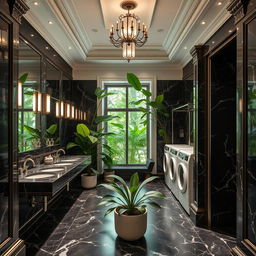 Service amenities crafted in classicist architecture, featuring dark marble restrooms with luxurious and sophisticated detailing