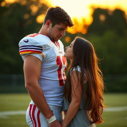 A romantic scene featuring a tall, athletic football star standing in front of a beautiful girl with long brown hair, who is shorter than him