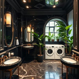 Service amenities crafted in classicist architecture, featuring dark marble restrooms with luxurious and sophisticated detailing