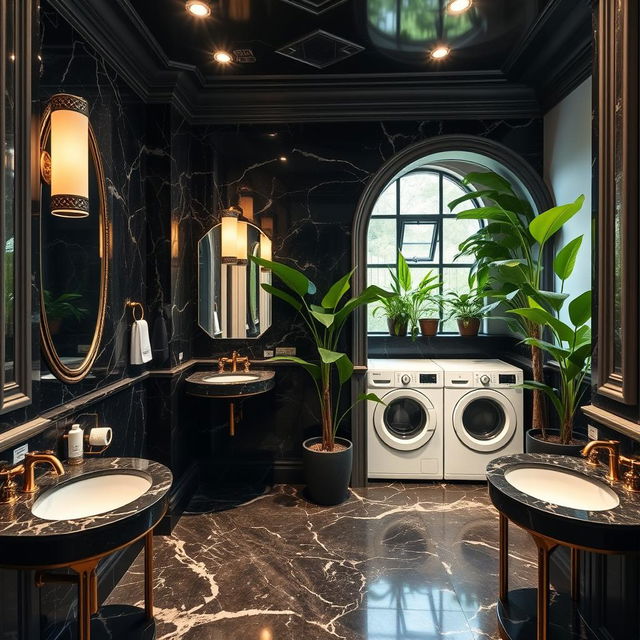 Service amenities crafted in classicist architecture, featuring dark marble restrooms with luxurious and sophisticated detailing