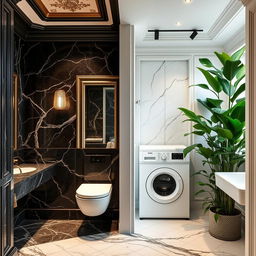 Service amenities crafted in classicist architecture, featuring dark marble restrooms with luxurious and sophisticated detailing