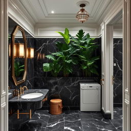 Service amenities crafted in classicist architecture, featuring dark marble restrooms with luxurious and sophisticated detailing