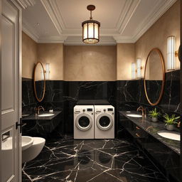 Service amenities crafted in classicist architecture, featuring dark marble restrooms with luxurious and sophisticated detailing