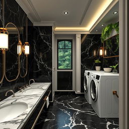 Service amenities crafted in classicist architecture, featuring dark marble restrooms with luxurious and sophisticated detailing