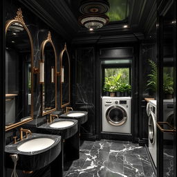 Service amenities crafted in classicist architecture, featuring dark marble restrooms with luxurious and sophisticated detailing