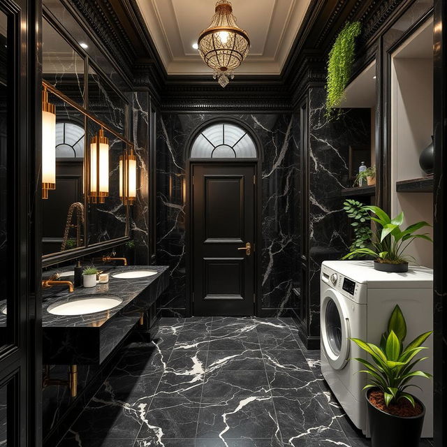 Service amenities crafted in classicist architecture, featuring dark marble restrooms with luxurious and sophisticated detailing