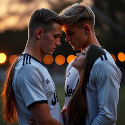 A romantic scene featuring a tall, athletic blonde football young star from Juventus, standing in front of a beautiful girl with long brown hair, who is shorter than him