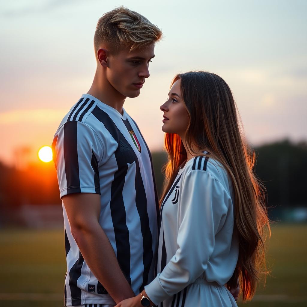 A romantic scene featuring a tall, athletic blonde football young star from Juventus, standing in front of a beautiful girl with long brown hair, who is shorter than him