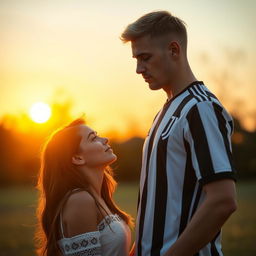 A romantic scene featuring a tall, athletic blonde football young star from Juventus, standing in front of a beautiful girl with long brown hair, who is shorter than him