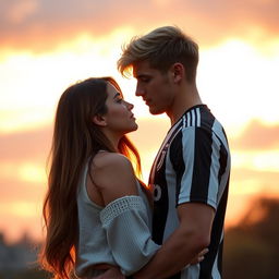 A romantic scene featuring a tall, athletic blonde football young star from Juventus, standing in front of a beautiful girl with long brown hair, who is shorter than him