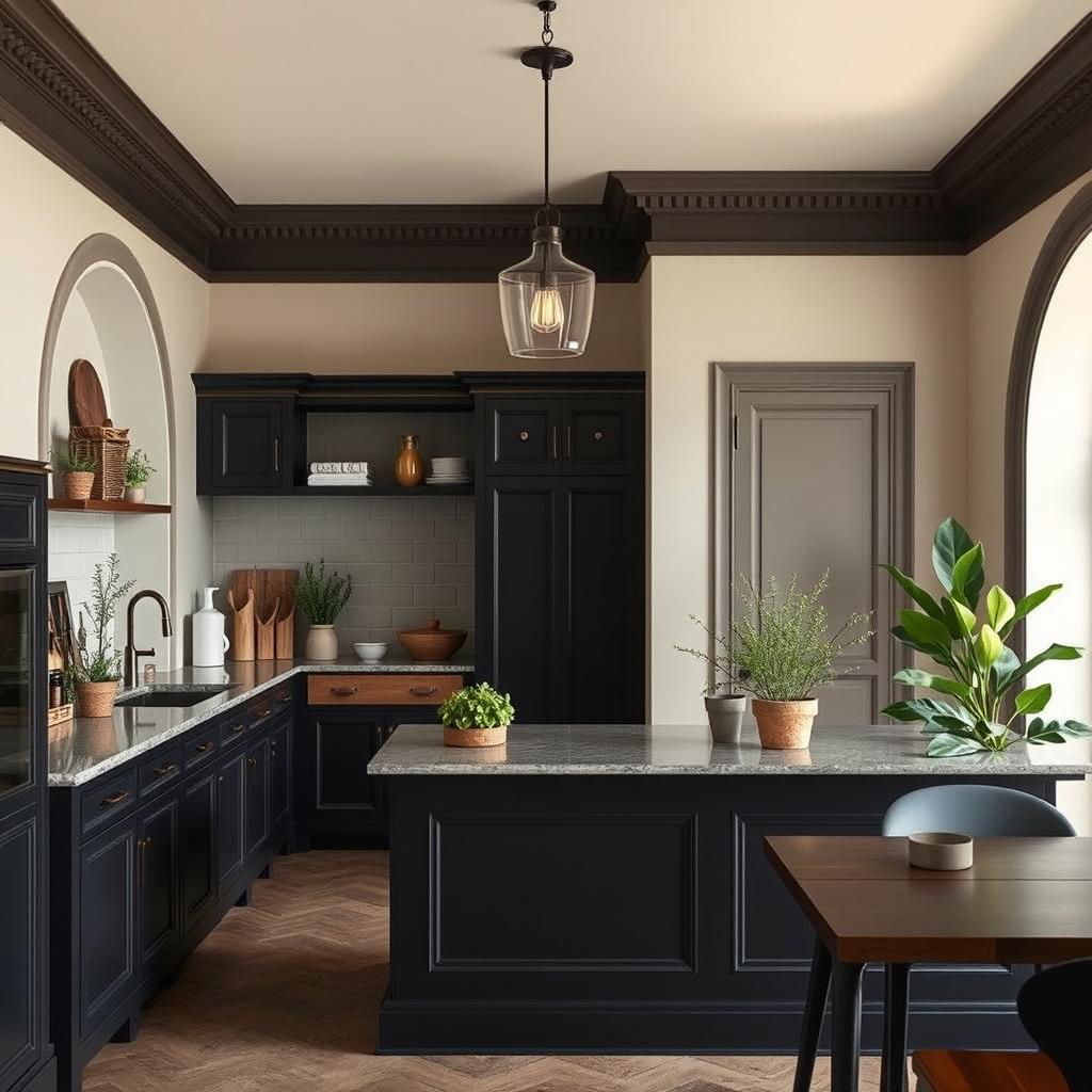 Service amenities designed in classicist architecture, featuring a sophisticated dark kitchen with elegant, timeless details