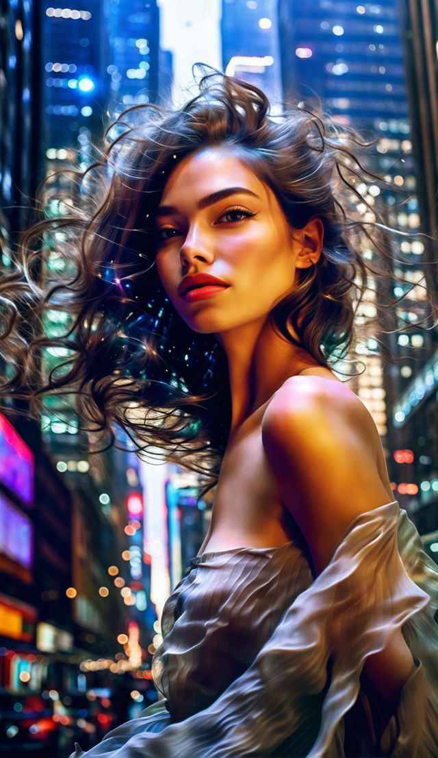 High-resolution 34K professional photograph of an extraordinarily beautiful woman with realistic human skin texture in motion against a detailed cityscape backdrop under beautiful lighting.