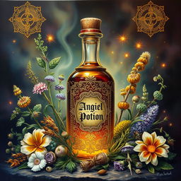 A hyper-realistic, intricately detailed painting of a magical potion surrounded by various herbs