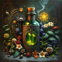 A hyper-realistic, intricately detailed painting of a magical potion surrounded by various herbs