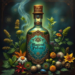 A hyper-realistic, intricately detailed painting of a magical potion surrounded by various herbs